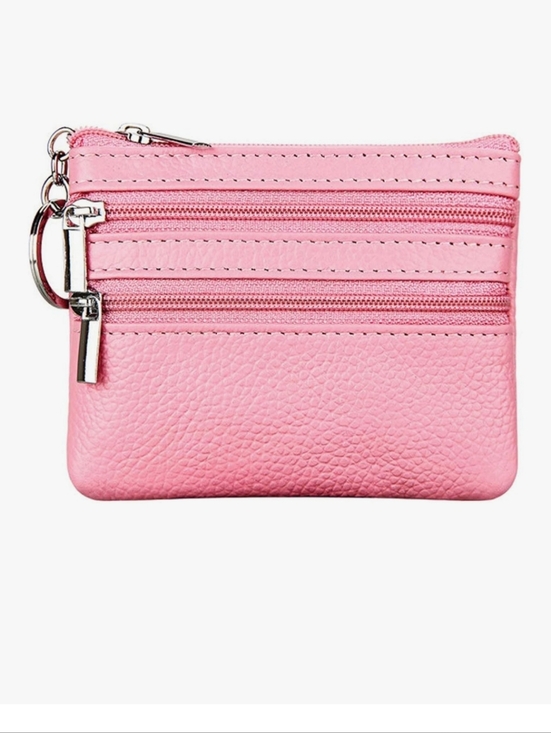 Accessories - Pink Triple-Zip Genuine Leather Coin Pouch